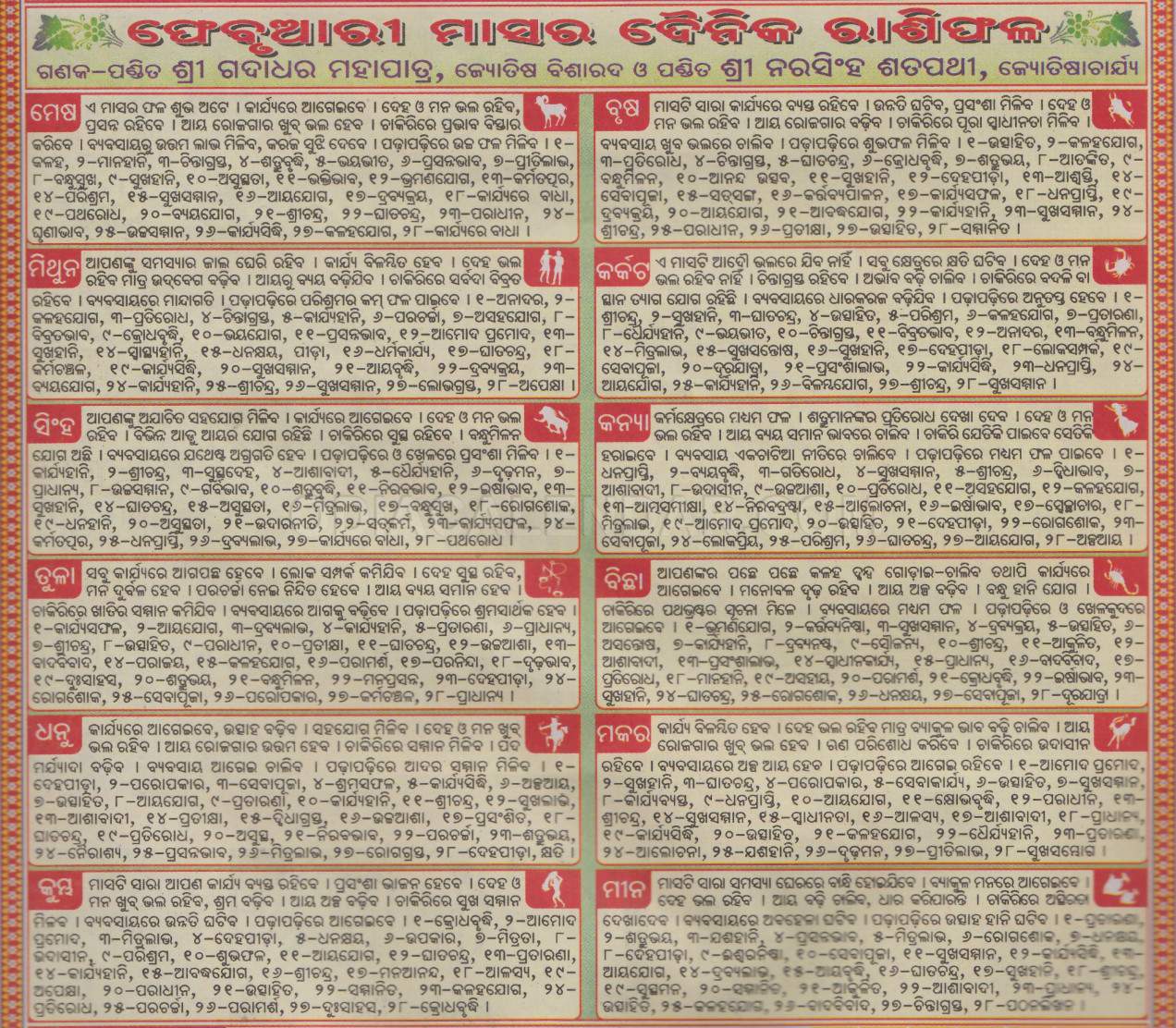 february 2018 Dainika Rashiphala