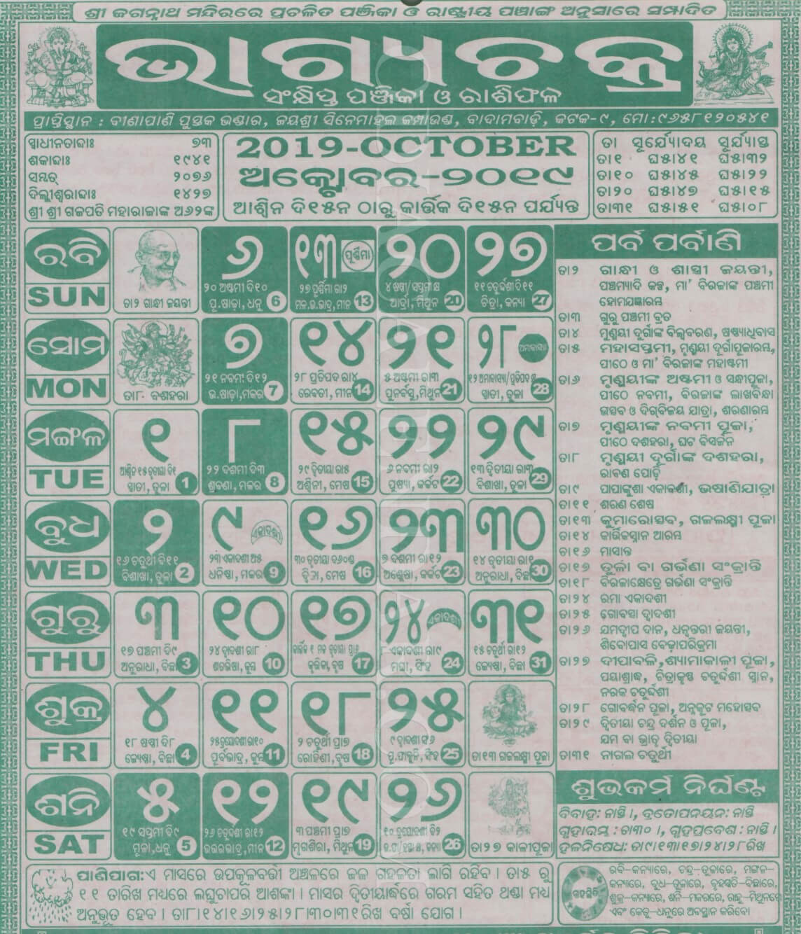 Bhagyachakra Calendar 2018 October