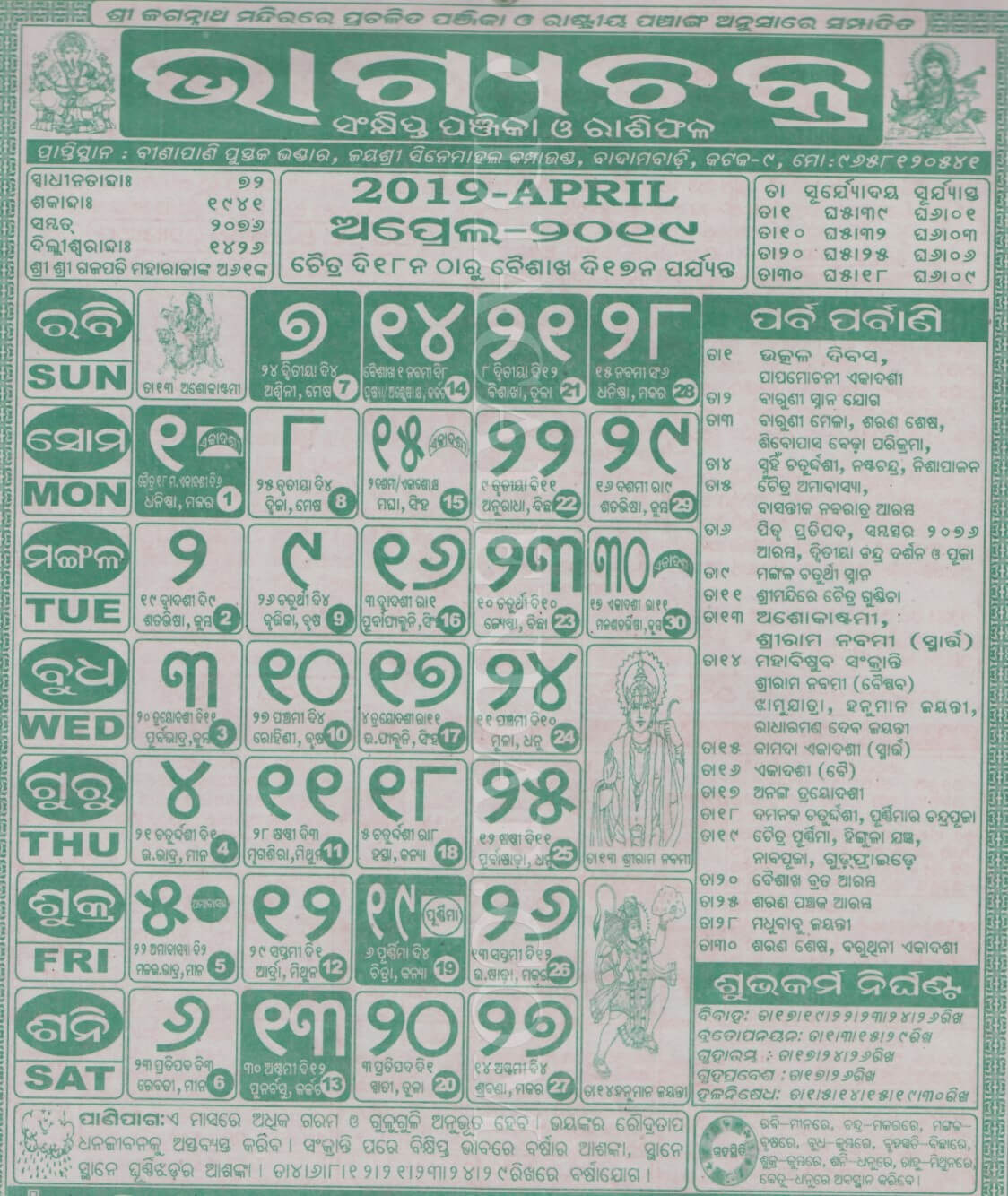 Bhagyachakra Calendar 2019 April