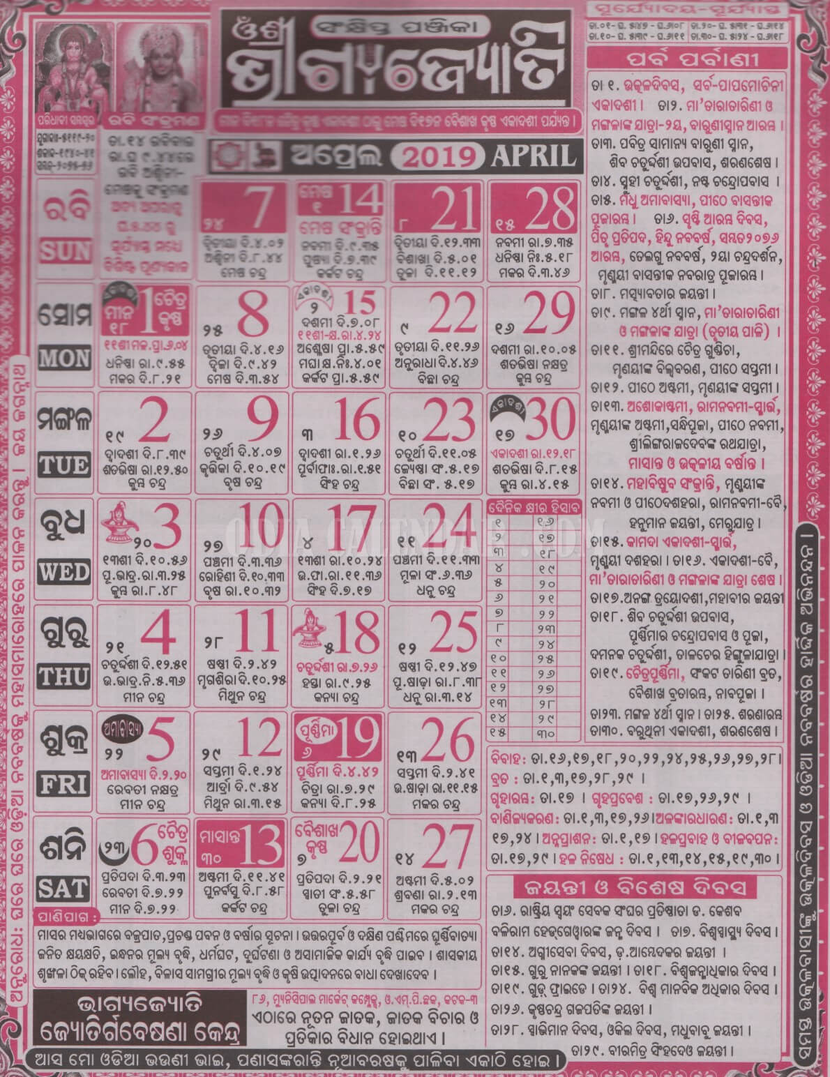 Bhagyajyoti Calendar 2019 April