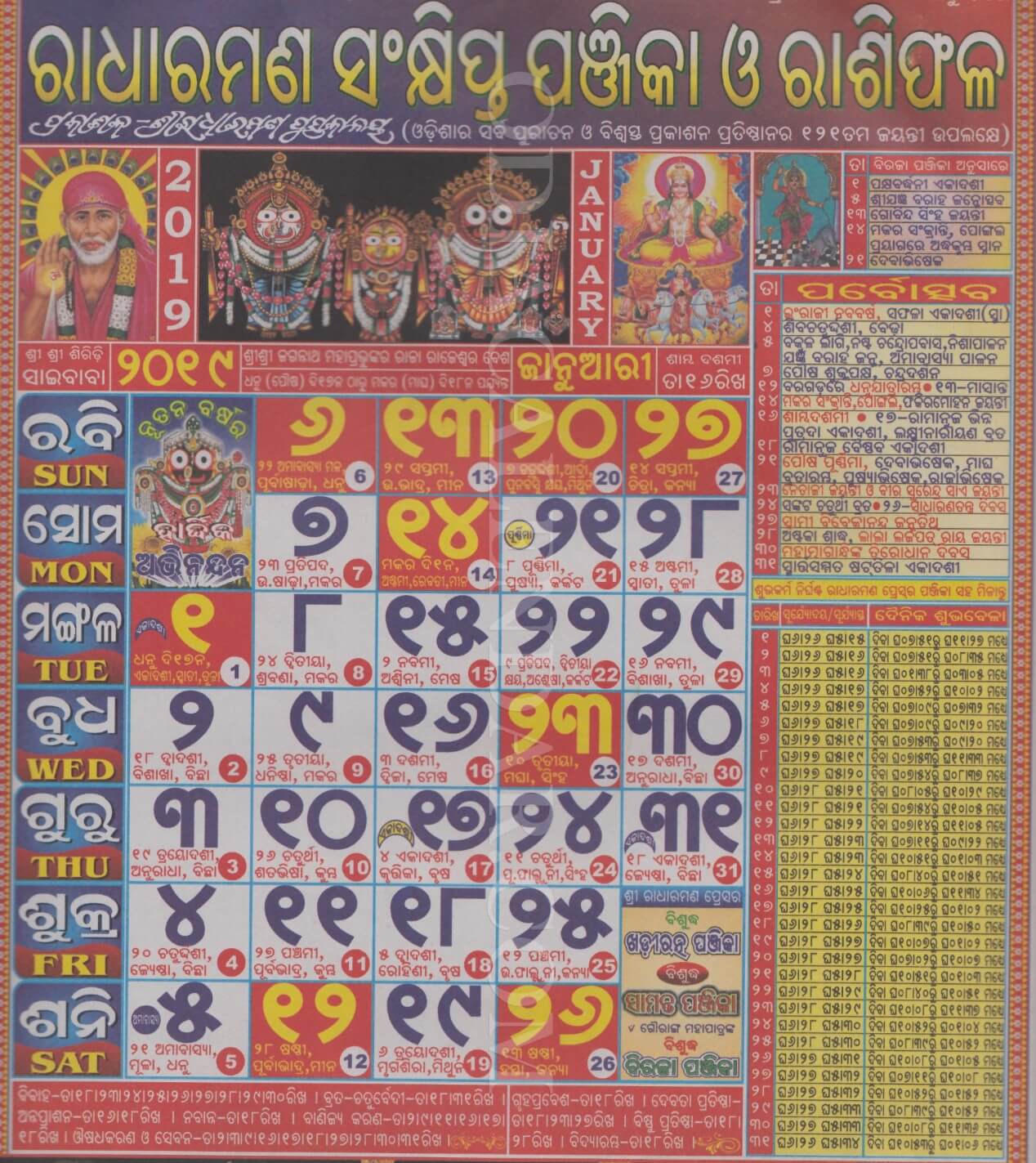 Radharaman Calendar 2019 January