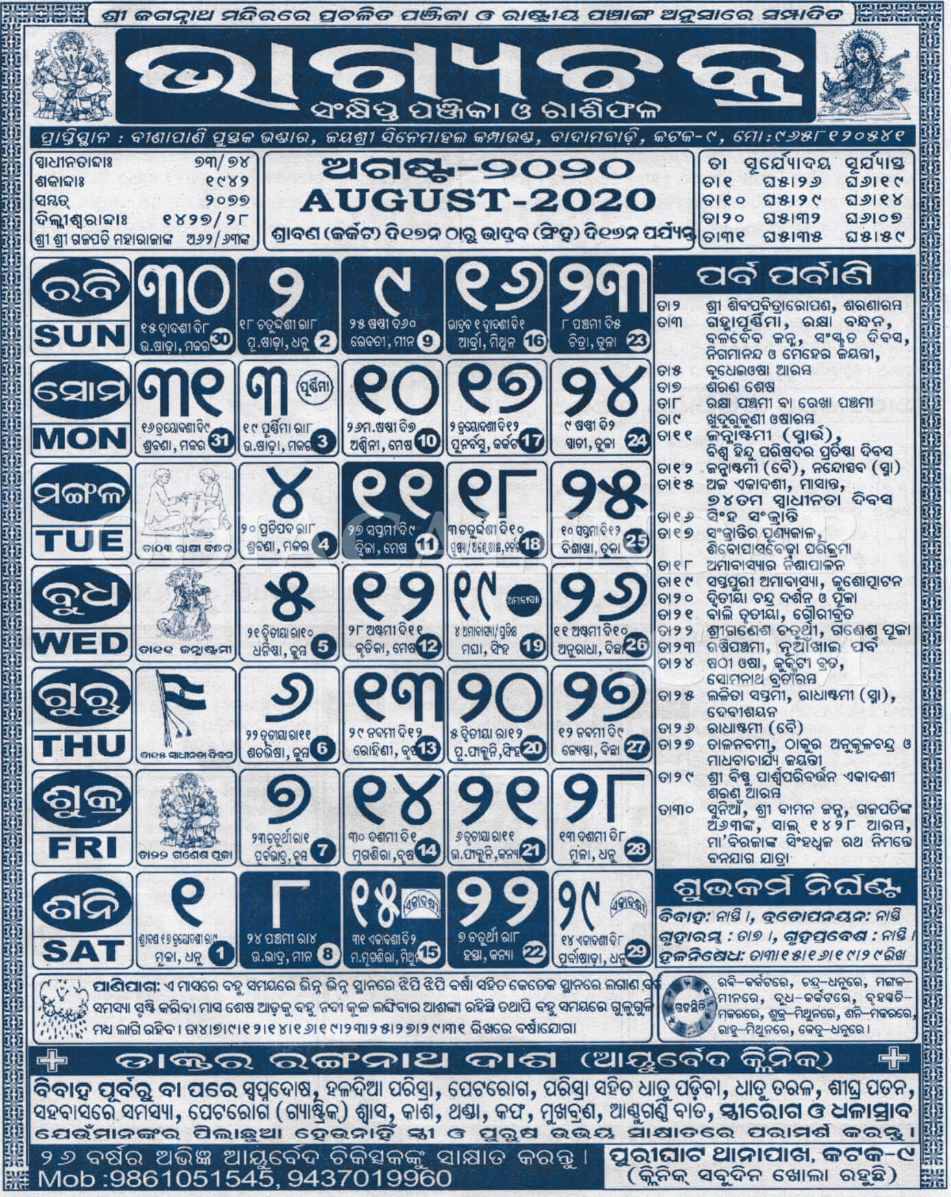 Bhagyachakra Calendar 2020 August