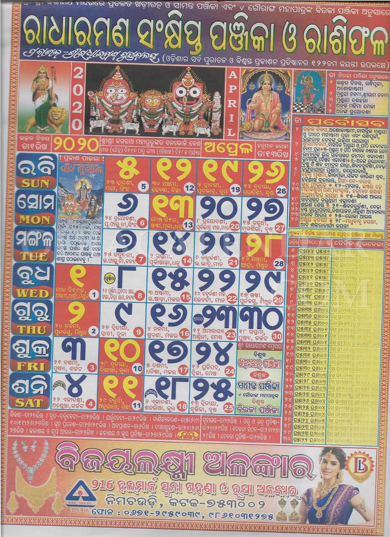 Radharaman Calendar 2020 April
