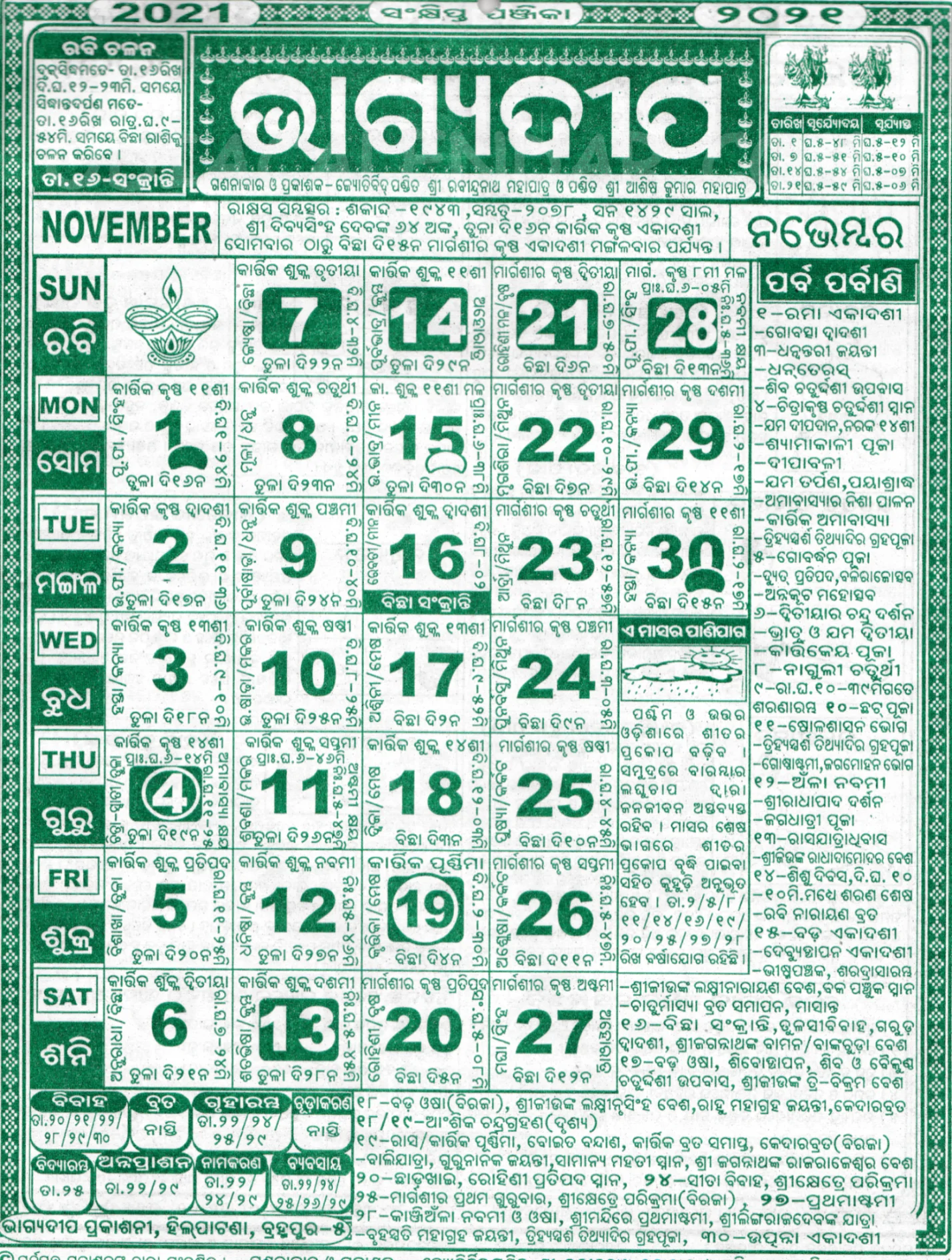 Bhagyadeep Calendar 2021 November