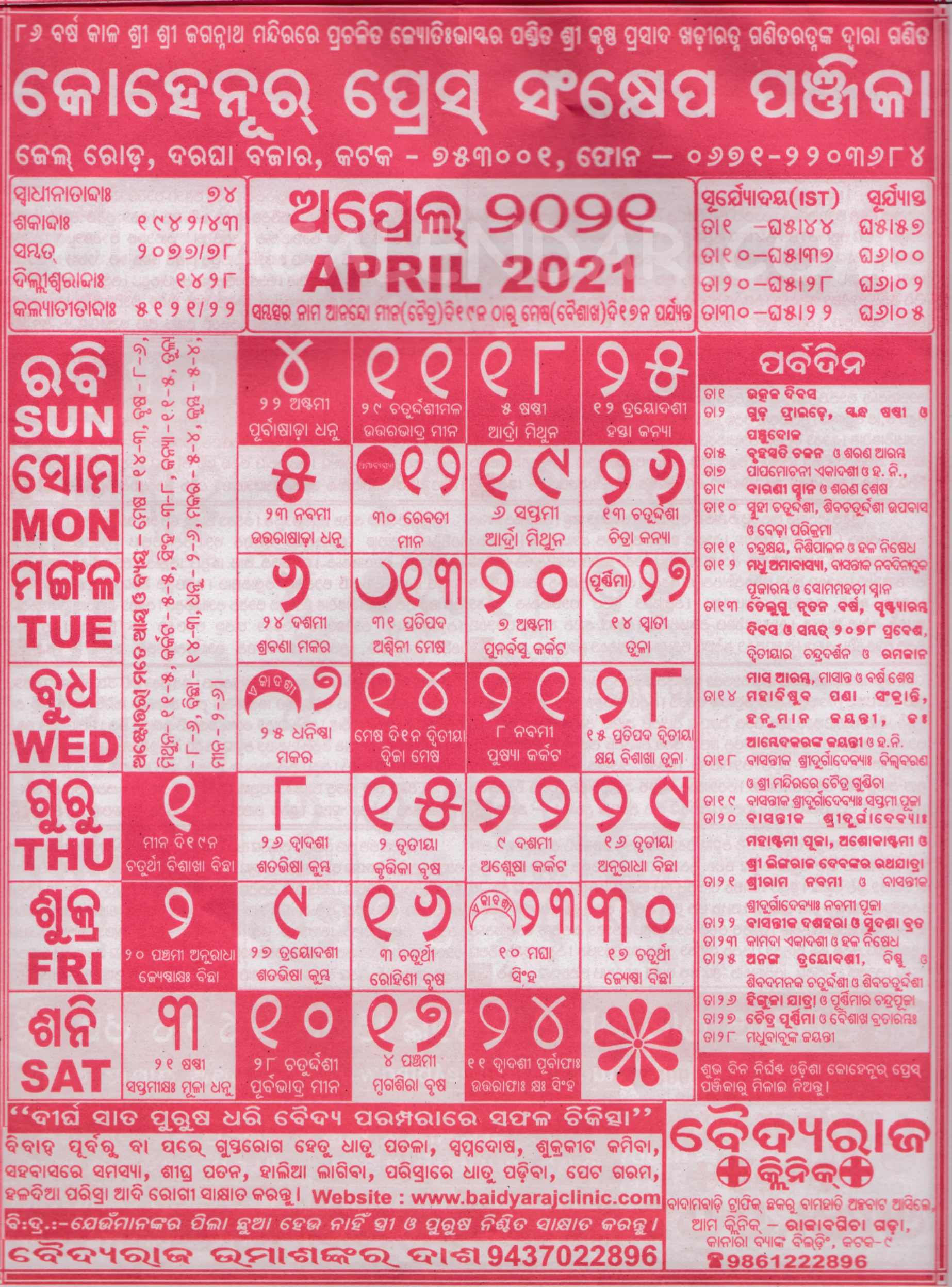 Kohinoor Calendar 2021 April