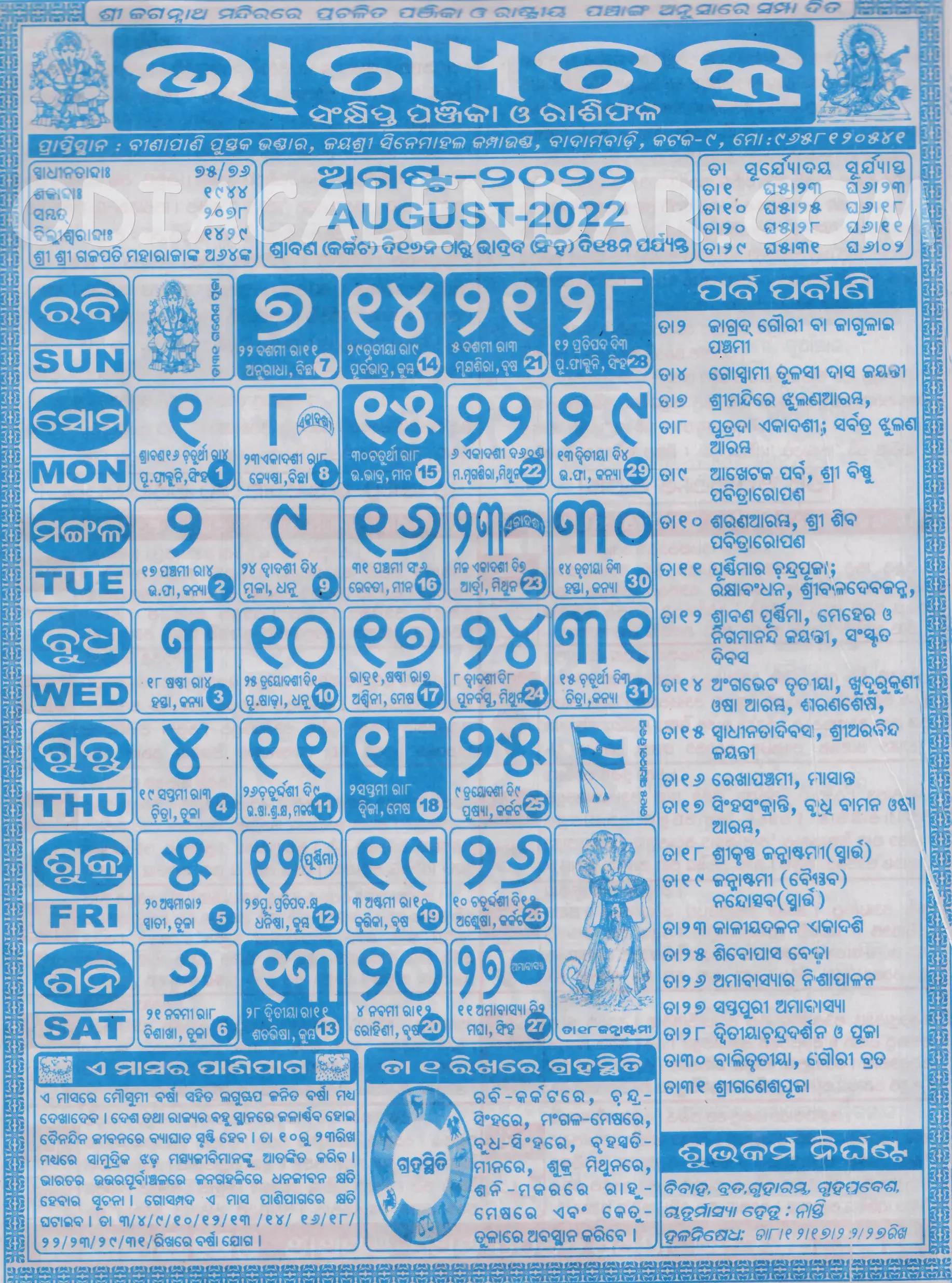 Bhagyachakra Calendar 2022 August