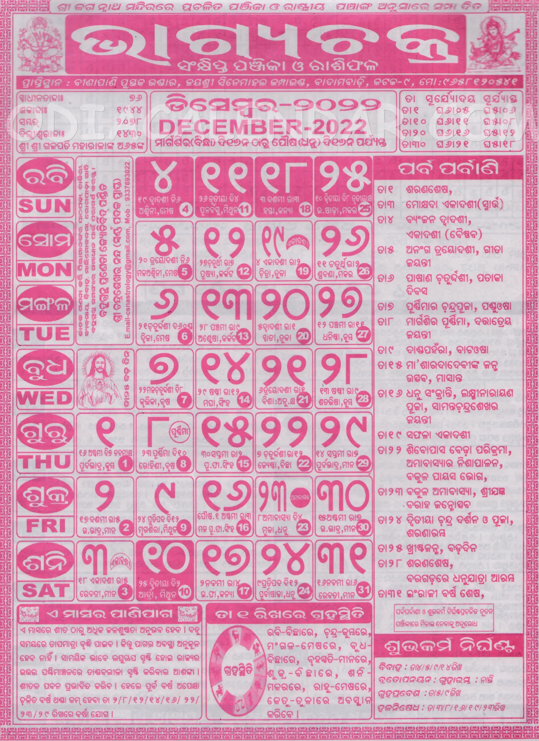 Bhagyachakra Calendar 2022 December