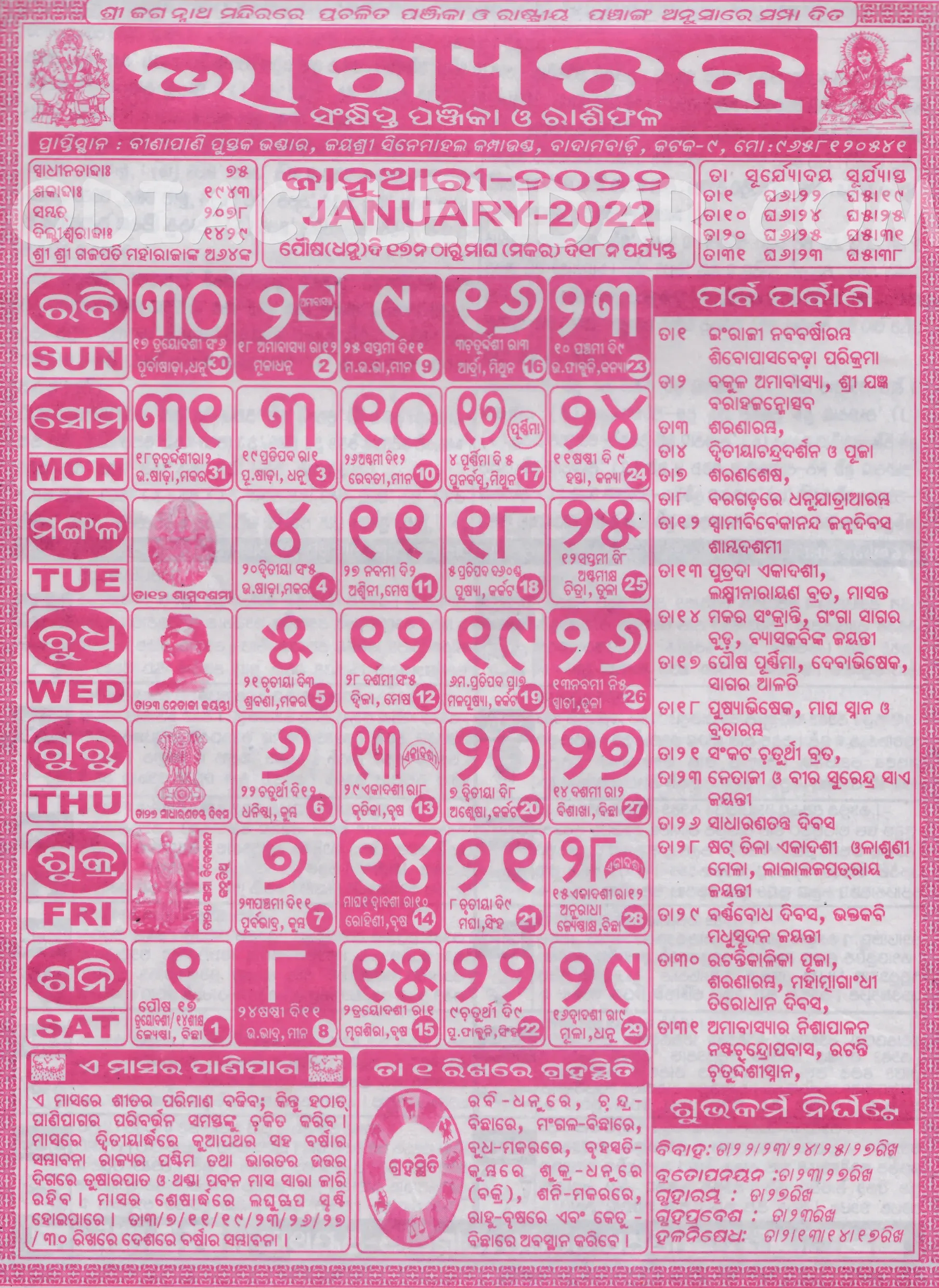Bhagyachakra Calendar 2022 January