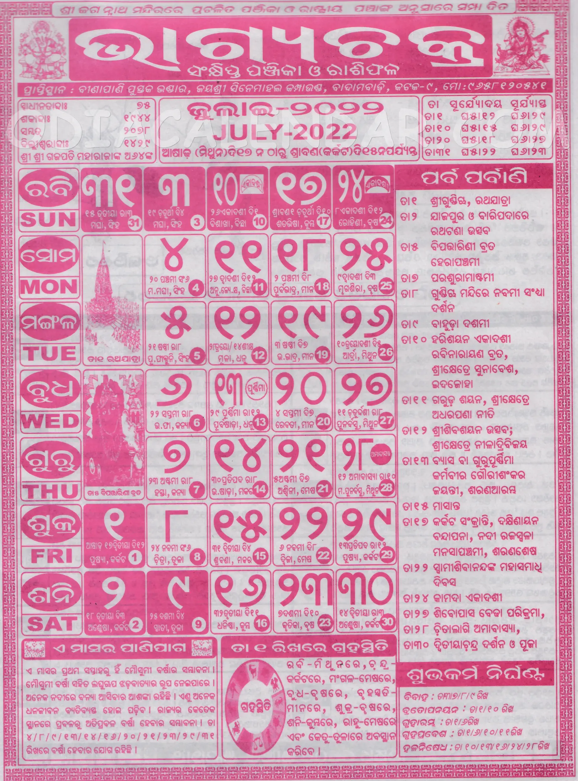 Bhagyachakra Calendar 2022 July