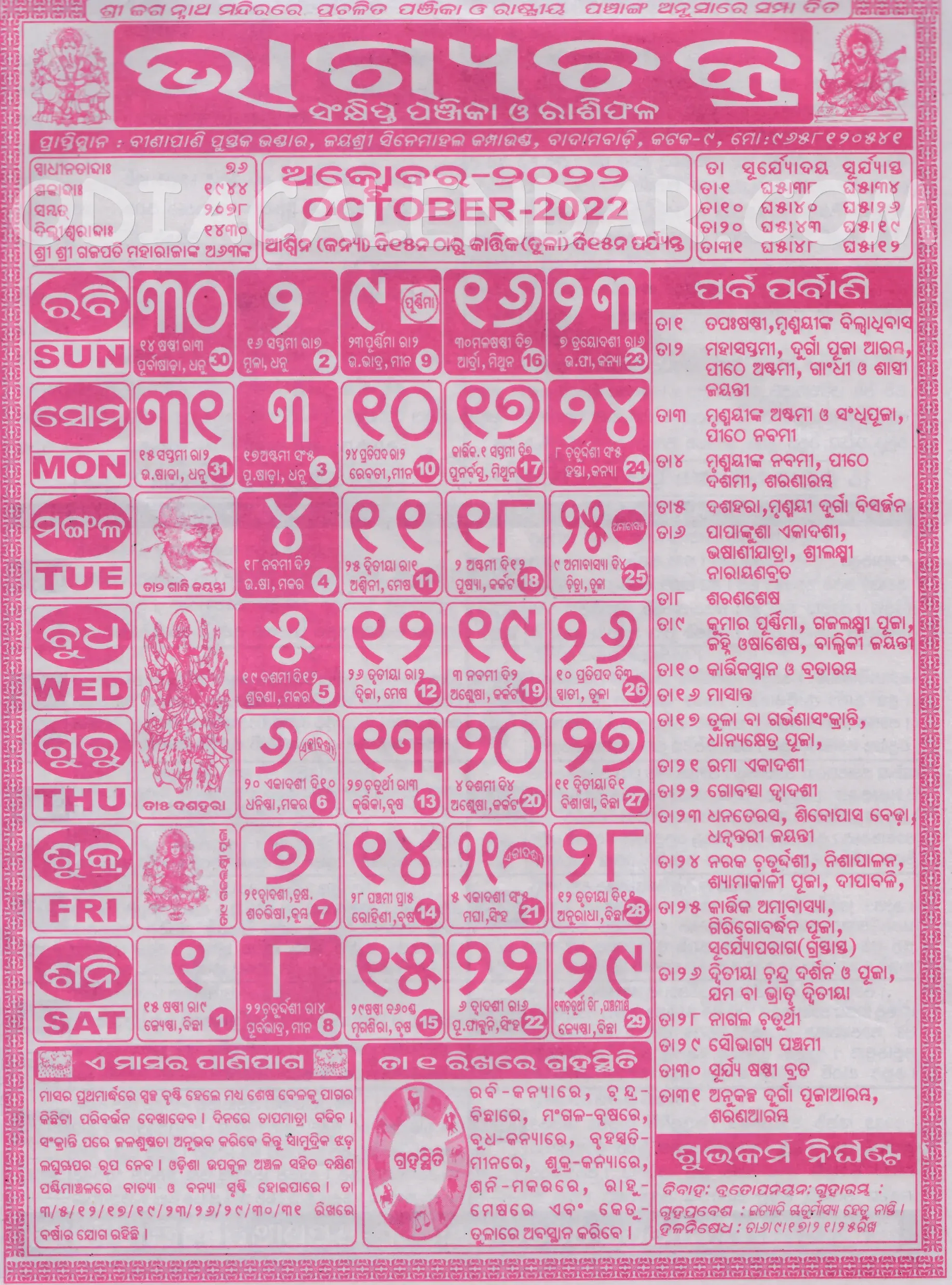 Bhagyachakra Calendar 2022 October