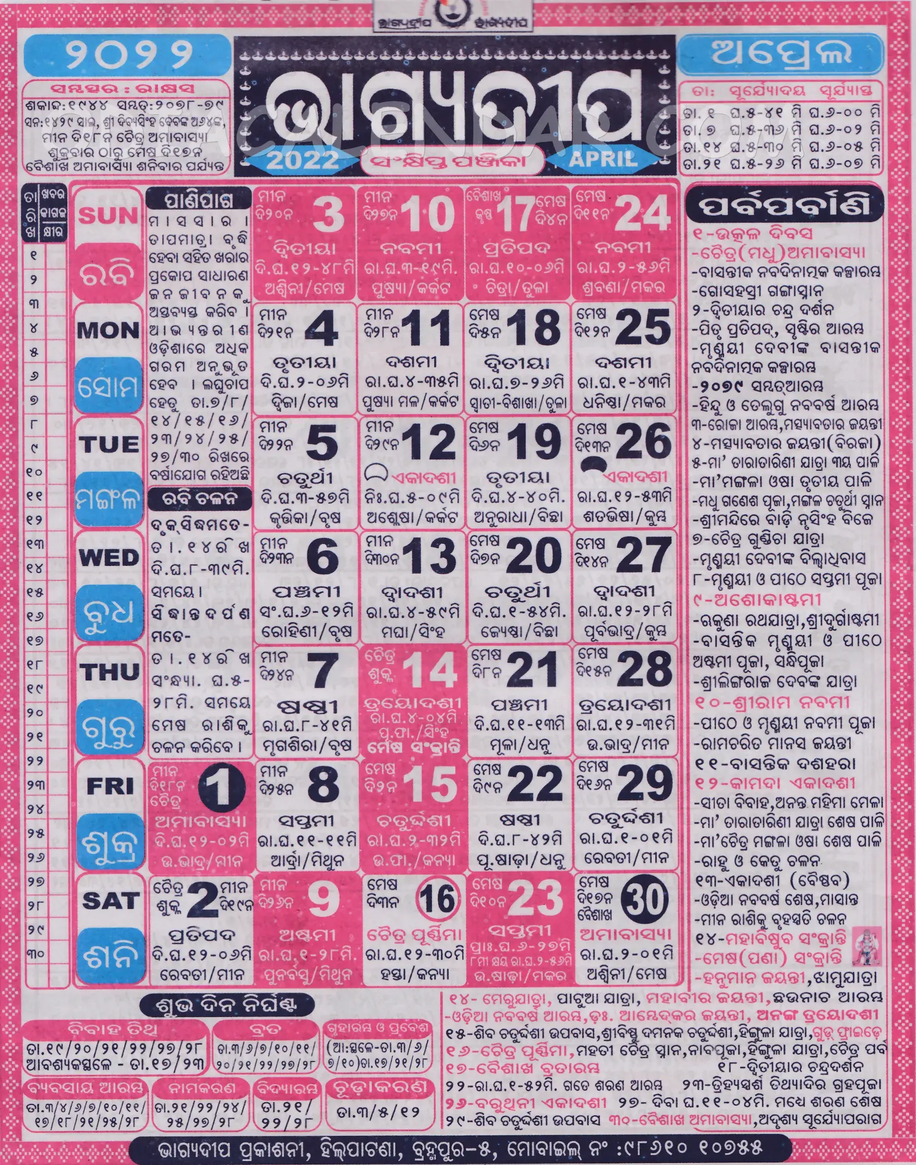 Bhagyadeep Calendar 2022 April