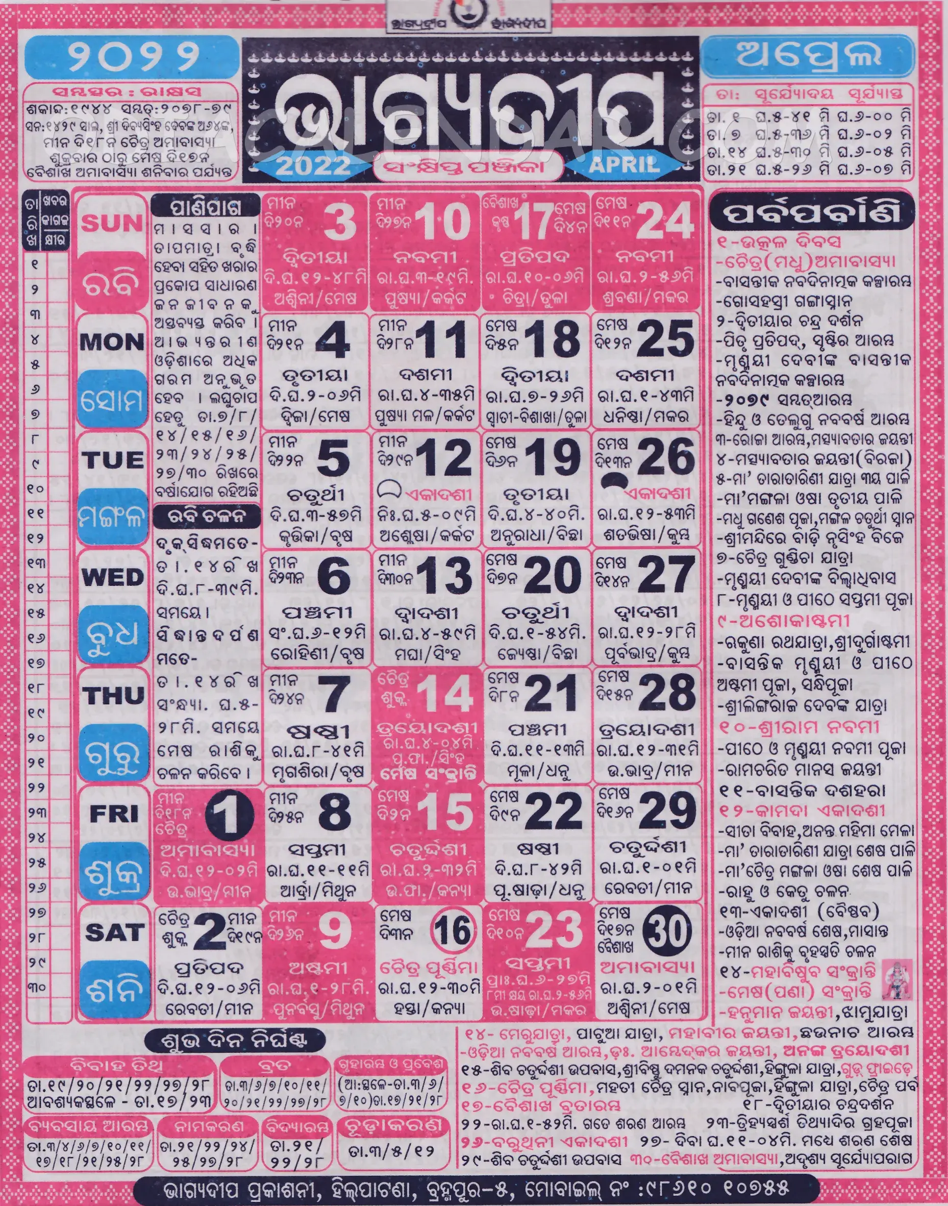 bhagyadeep calendar april 2022