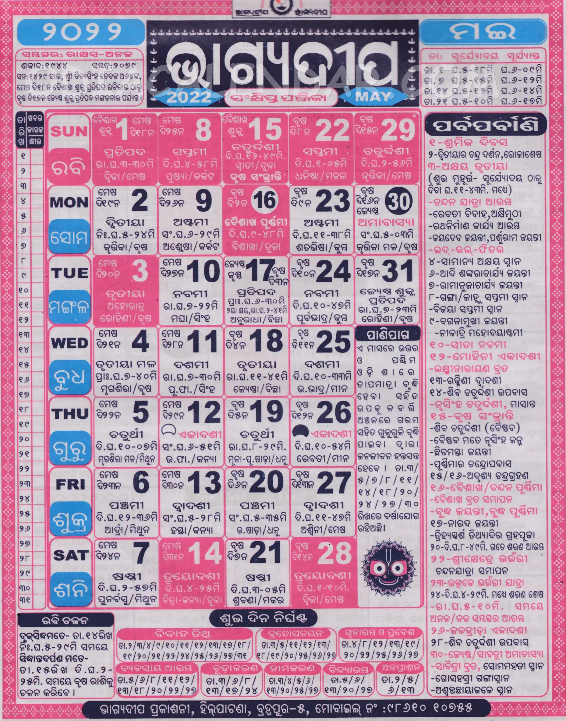 Bhagyadeep Calendar 2022 May