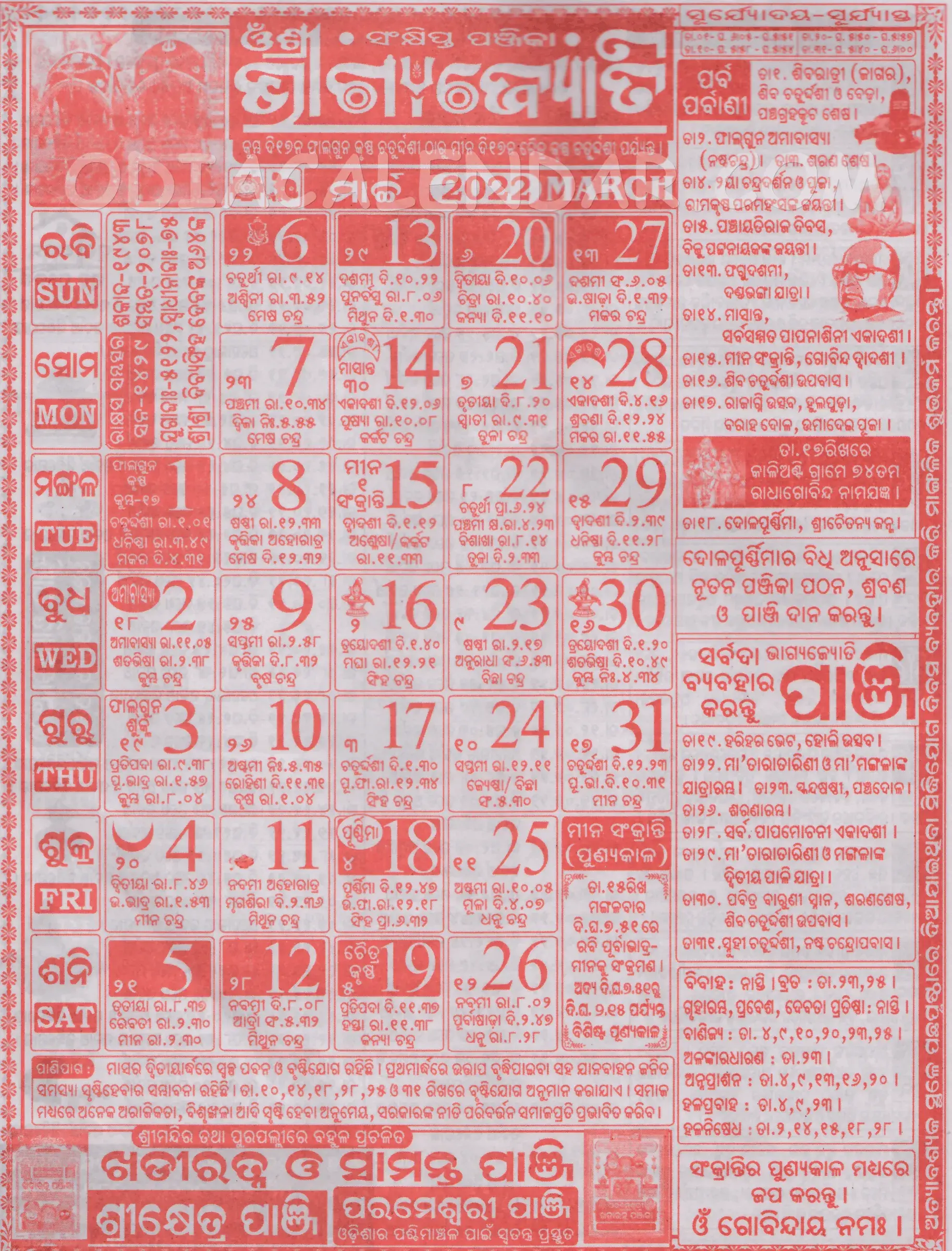 Bhagyajyoti Calendar 2022 March