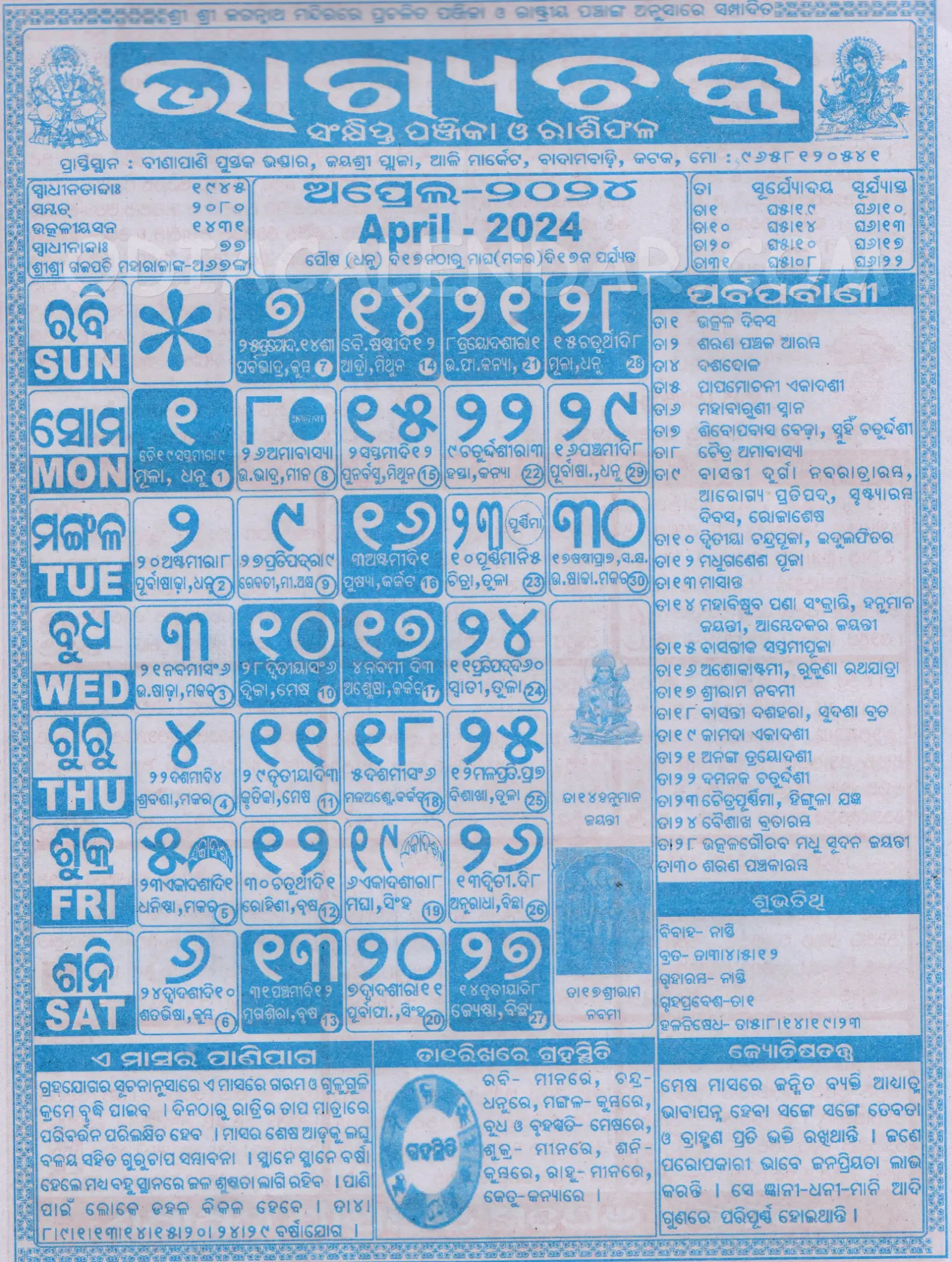 Bhagyachakra Calendar 2024 April