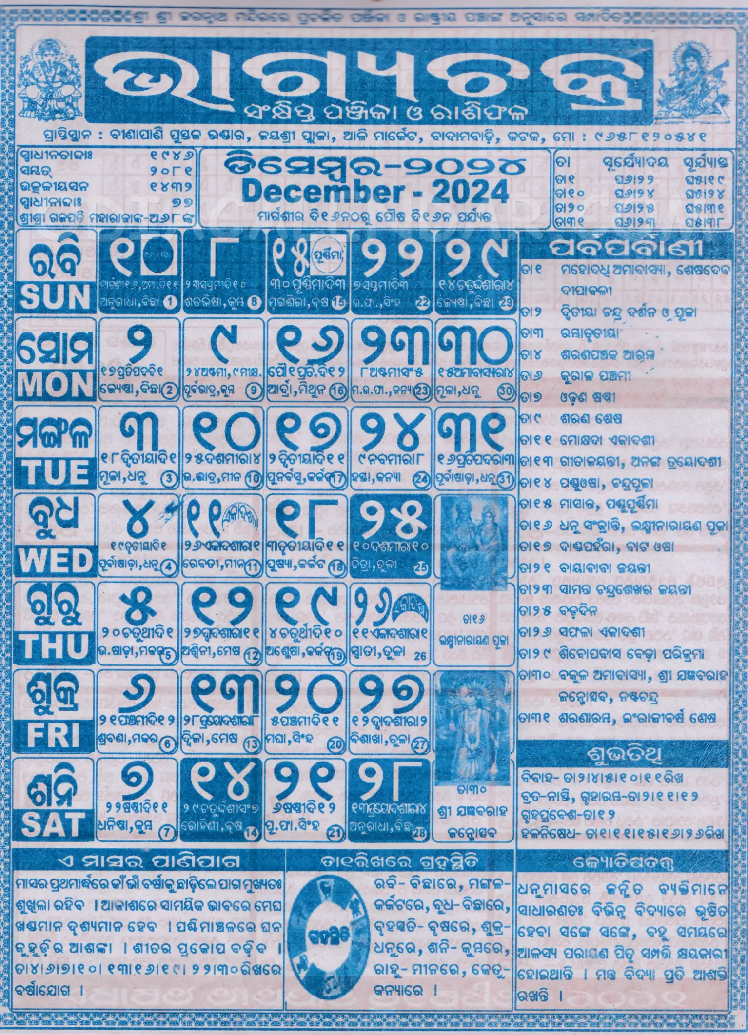 Bhagyachakra Calendar 2024 December