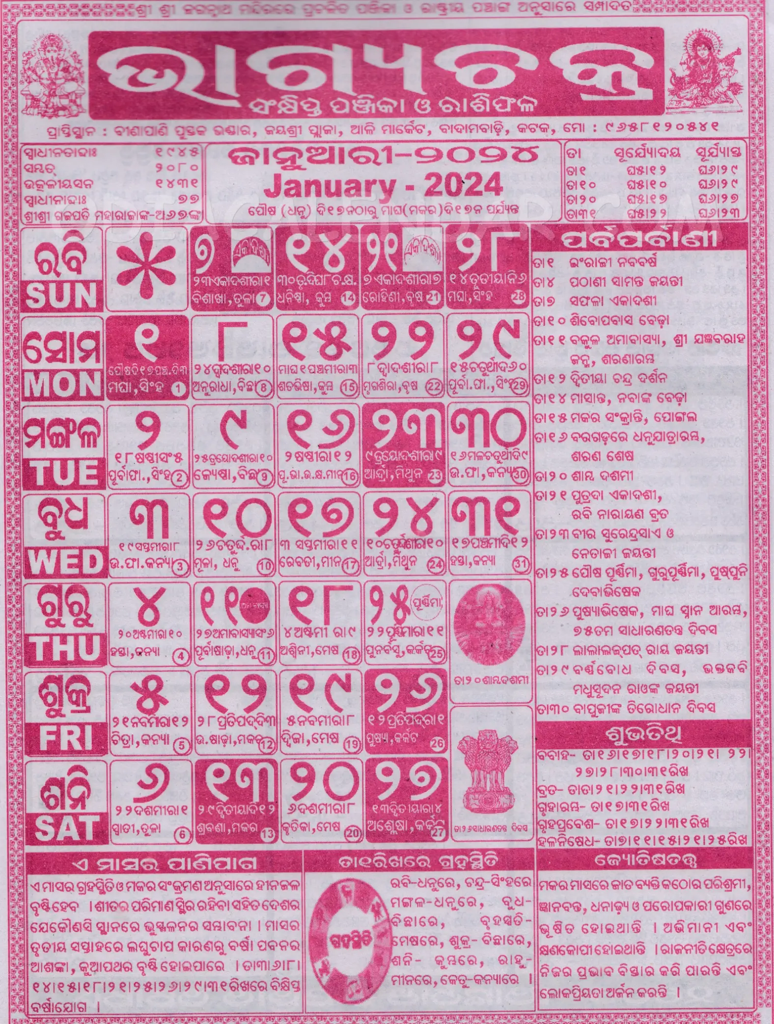 Bhagyachakra Calendar 2024 January