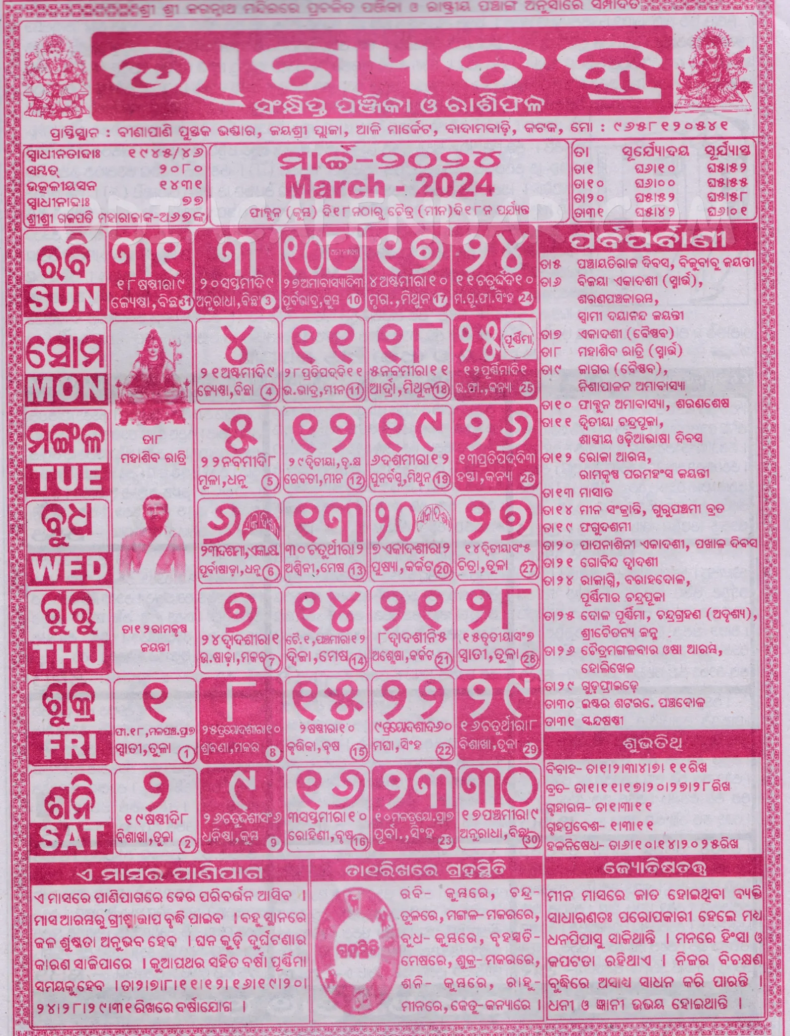 Bhagyachakra Calendar 2024 March