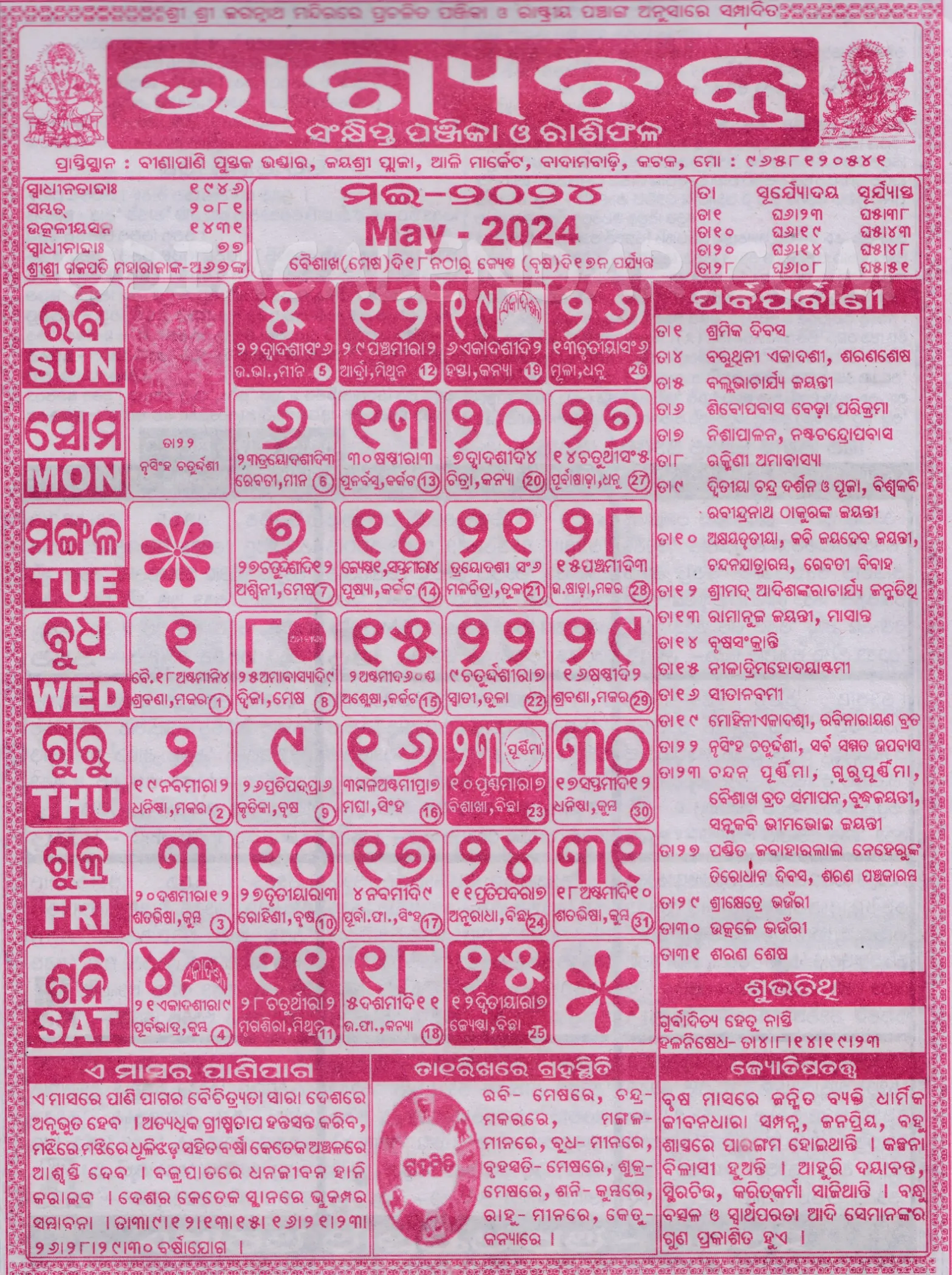 Bhagyachakra Calendar 2024 May