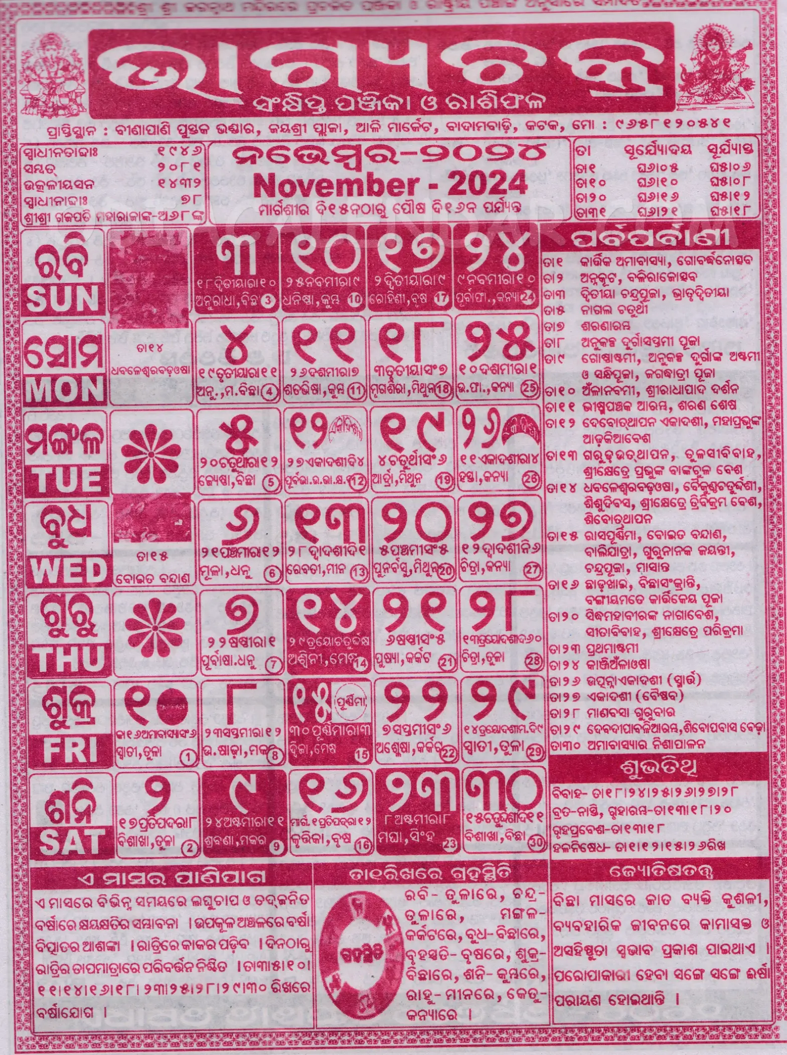 Bhagyachakra Calendar 2024 November