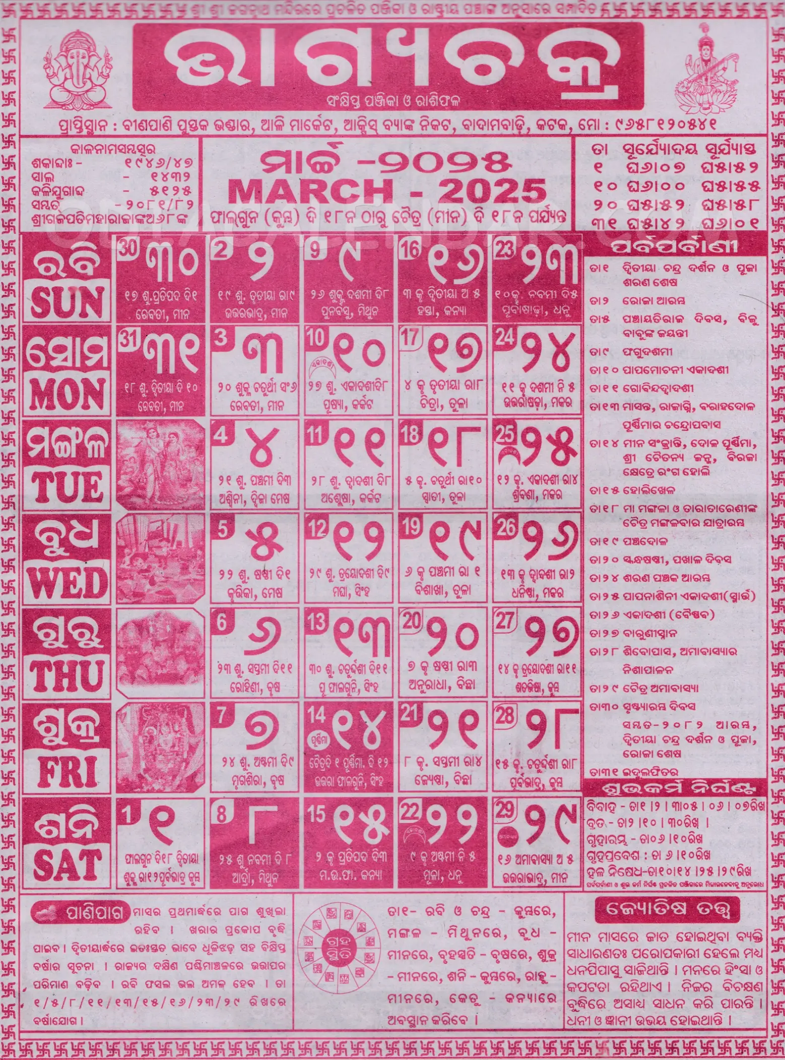 Bhagyachakra Calendar 2025 March