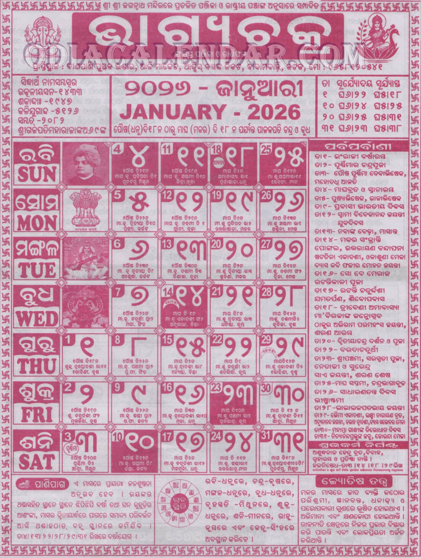 Bhagyachakra Calendar 2026 January
