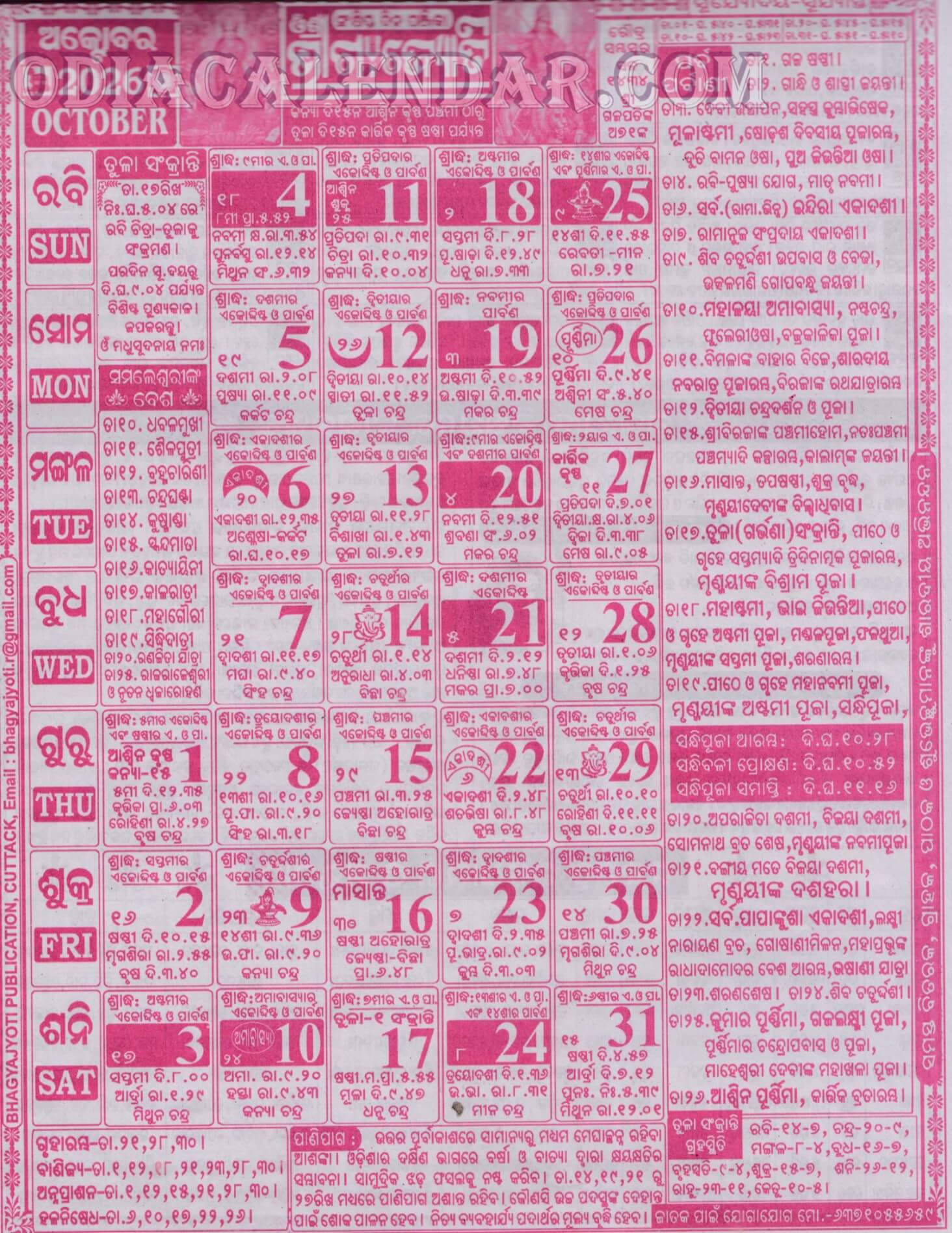 Bhagyajyoti Calendar 2026 October